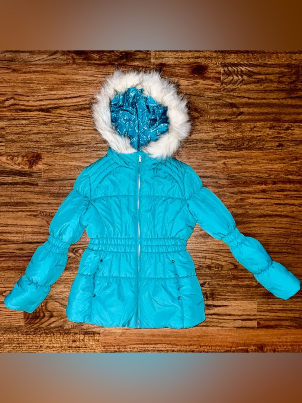 London Fog Girls Turquoise Faux Fur Puffer Hooded Jacket Size M 10-12 Medium